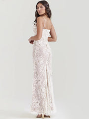 Lace Print Maxi Dress Set Spaghetti Strap Long Sleeve Lace Dress Mssaz Desses
