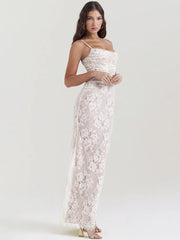 Lace Print Maxi Dress Set Spaghetti Strap Long Sleeve Lace Dress Mssaz Desses