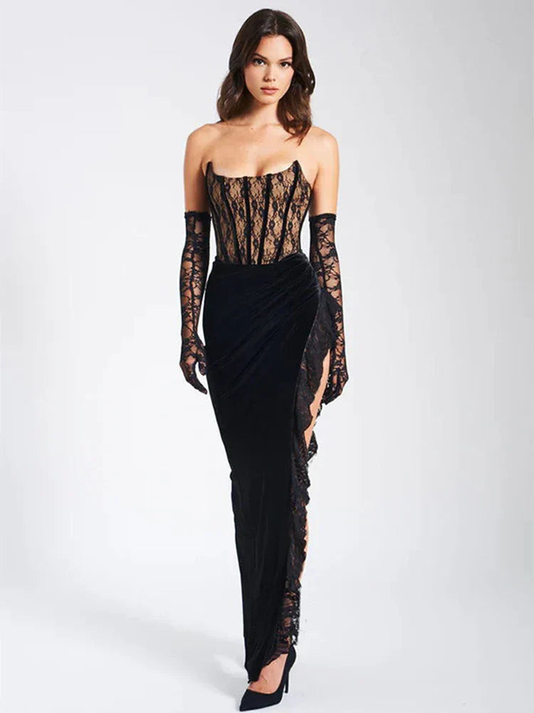 Lace Strapless Maxi Black Sleeveless Backless Bodycon Lace Dress Mssaz Desses