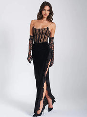 Lace Strapless Maxi Black Sleeveless Backless Bodycon Lace Dress Mssaz Desses