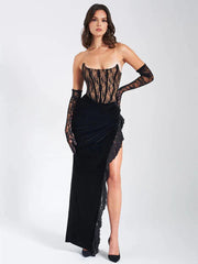 Lace Strapless Maxi Black Sleeveless Backless Bodycon Lace Dress Mssaz Desses