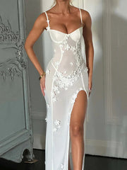 Sheer Mesh  Maxi Dress White Spaghetti Strap Sleeveless Lace Dress Mssaz Desses