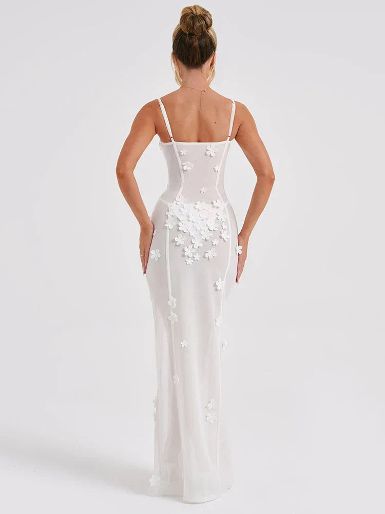 Sheer Mesh  Maxi Dress White Spaghetti Strap Sleeveless Lace Dress Mssaz Desses