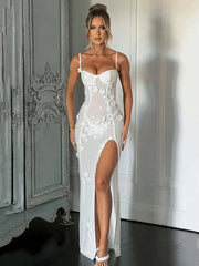 Sheer Mesh  Maxi Dress White Spaghetti Strap Sleeveless Lace Dress Mssaz Desses
