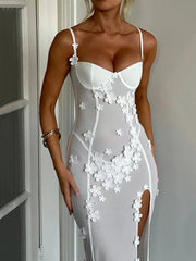 Sheer Mesh  Maxi Dress White Spaghetti Strap Sleeveless Lace Dress Mssaz Desses