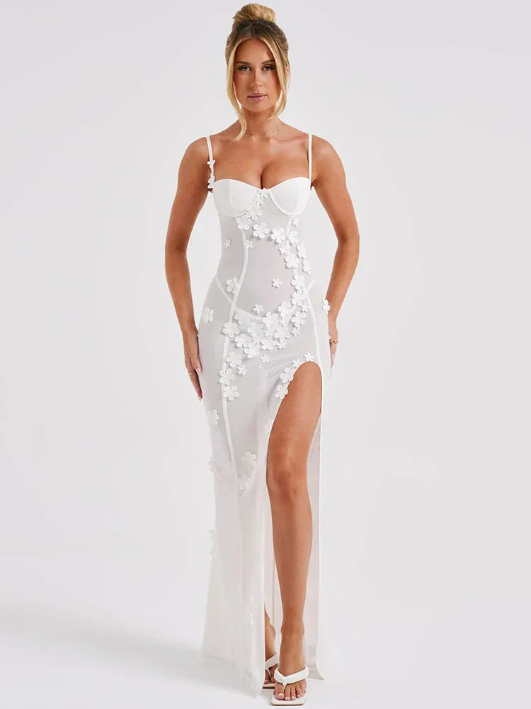 Sheer Mesh  Maxi Dress White Spaghetti Strap Sleeveless Lace Dress Mssaz Desses