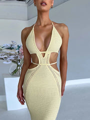 Hollow Out Halter Backless Maxi Strapless  Party Knit Lace Dress Mssaz Desses