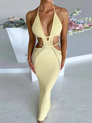 Hollow Out Halter Backless Maxi Strapless  Party Knit Lace Dress Mssaz Desses