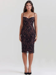Lace Print Spaghetti Strap Midi Dress Sleeveless Backless Lace Dress Mssaz Desses