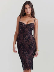 Lace Print Spaghetti Strap Midi Dress Sleeveless Backless Lace Dress Mssaz Desses