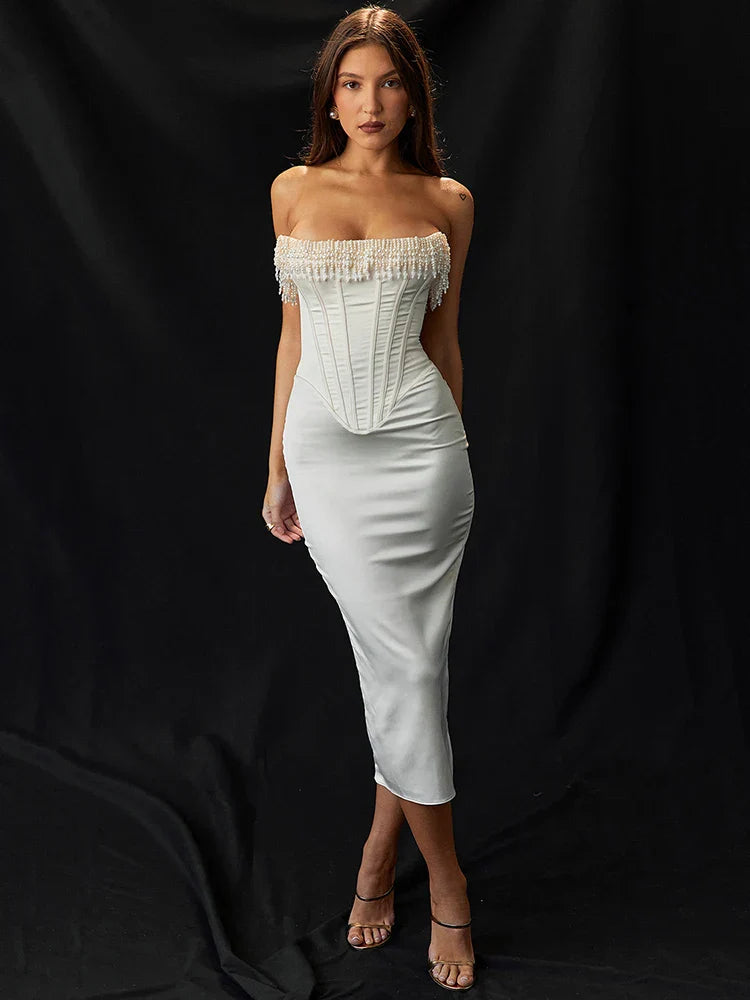 Pearl Tassel Off-shoulder Backless Bodycon Club Lace Dress Mssaz Desses