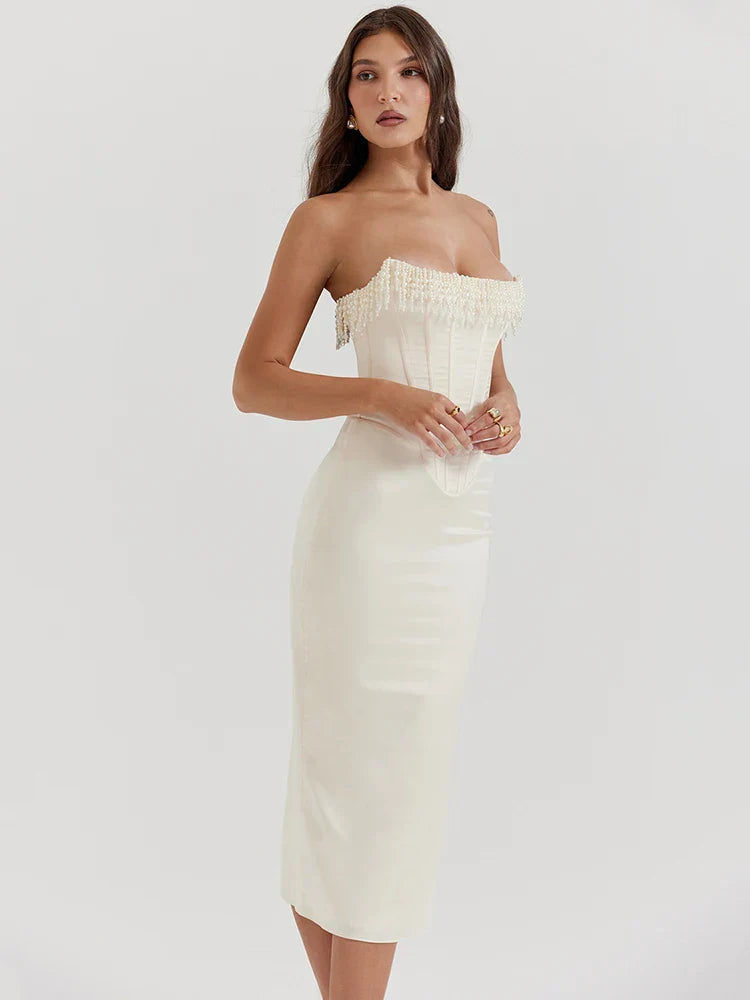 Pearl Tassel Off-shoulder Backless Bodycon Club Lace Dress Mssaz Desses