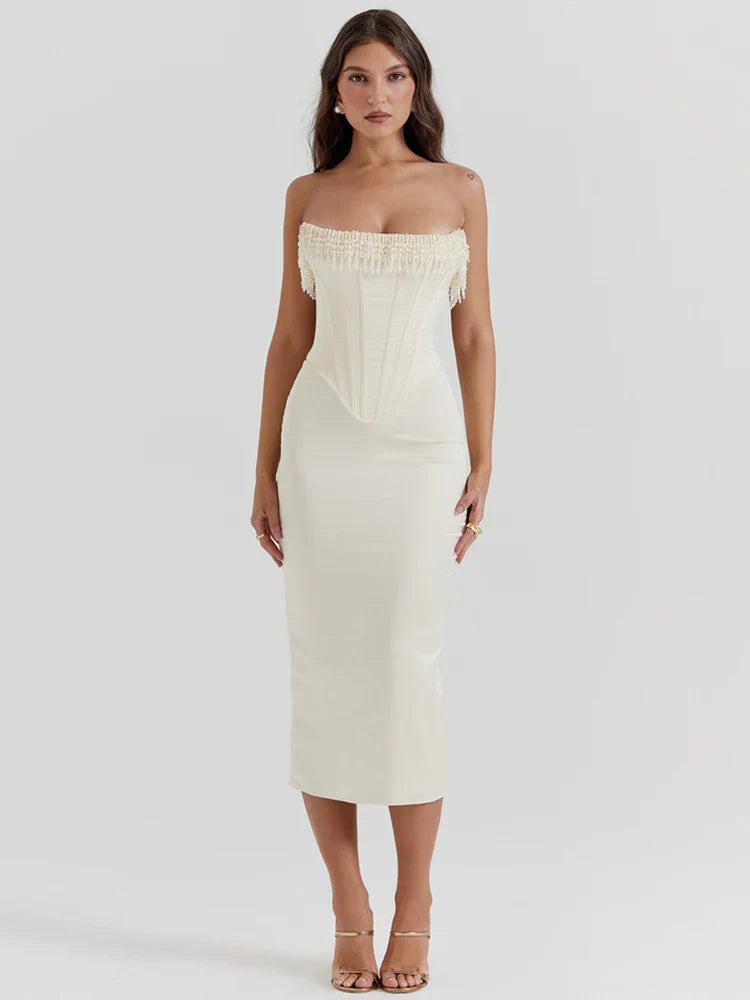 Pearl Tassel Off-shoulder Backless Bodycon Club Lace Dress Mssaz Desses