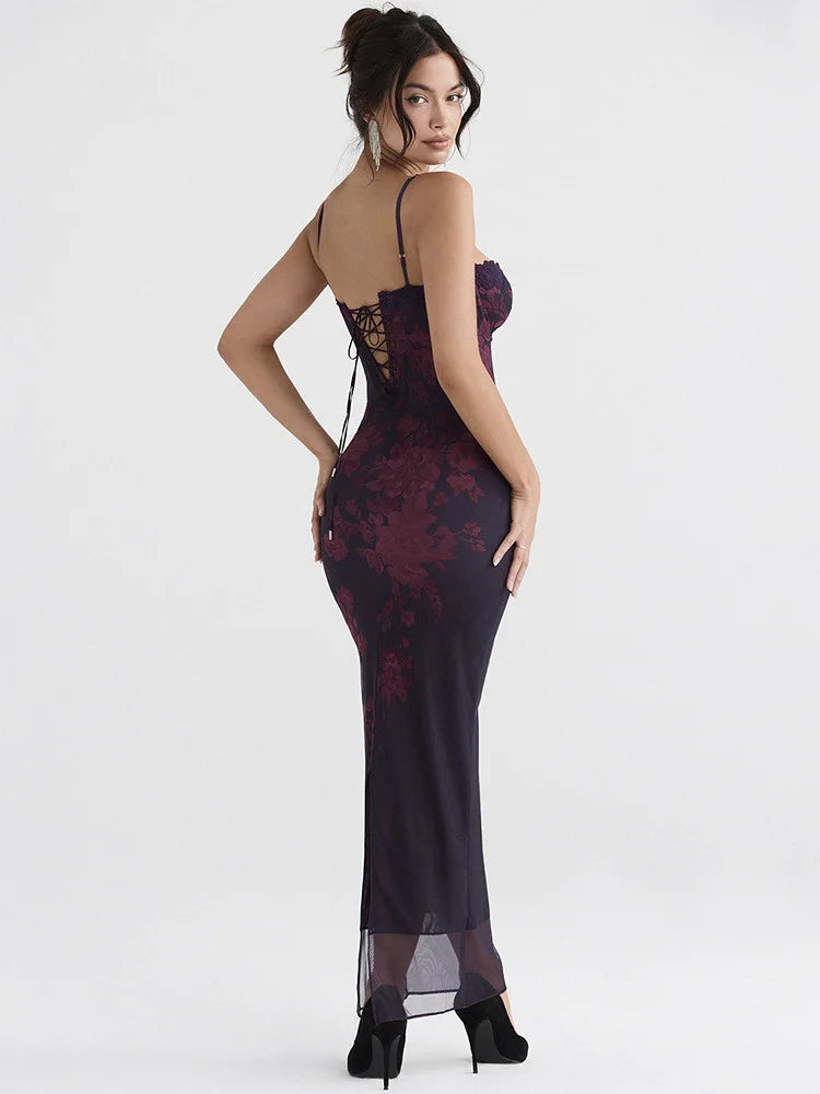 Purple Print Long Fishtail New Spaghetti Strap Ruched Maxi Lace Dress Mssaz Desses