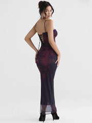 Purple Print Long Fishtail New Spaghetti Strap Ruched Maxi Lace Dress Mssaz Desses