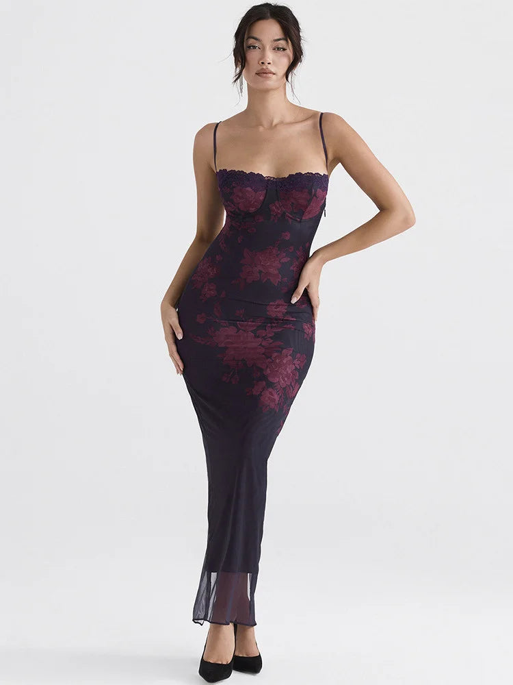 Purple Print Long Fishtail New Spaghetti Strap Ruched Maxi Lace Dress Mssaz Desses