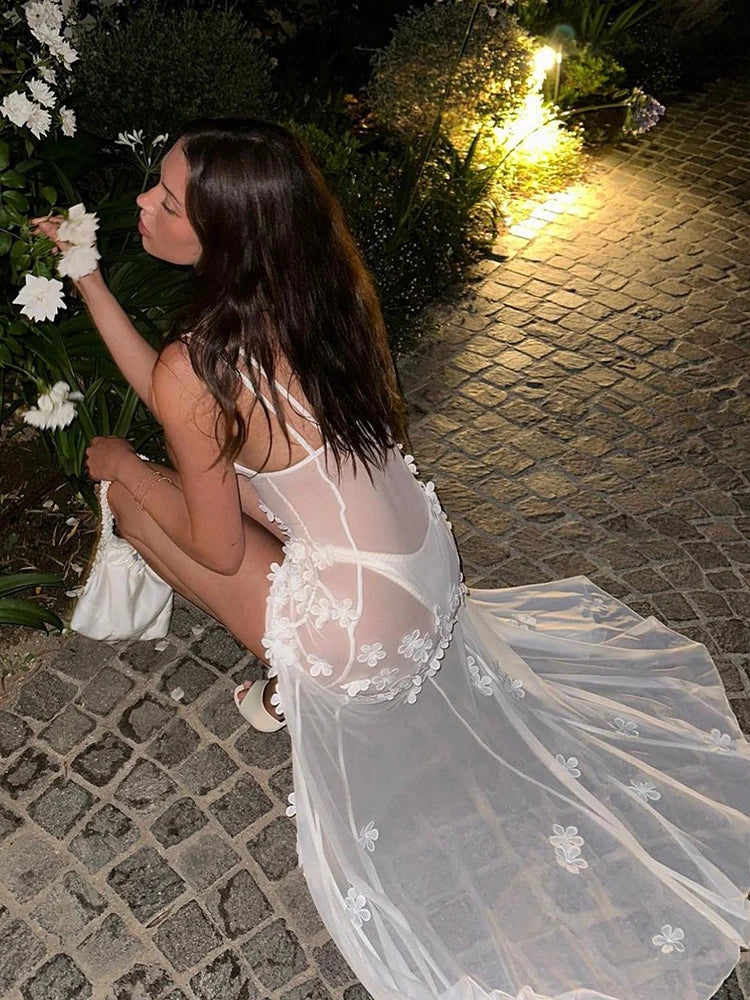 Mesh  Long Dress Spaghetti Strap Sleeveless Backless Lace Dress Mssaz Desses