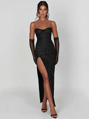Sparkle Maxi Dress New Spaghetti Strap Backless Sleeveless Lace Dress Mssaz Desses