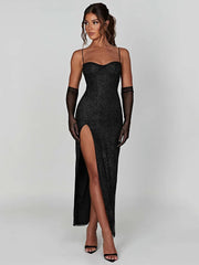 Sparkle Maxi Dress New Spaghetti Strap Backless Sleeveless Lace Dress Mssaz Desses