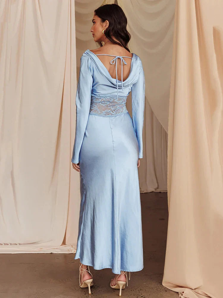 Long Sleeve Backless Sheer Lace Patchwork  Lace-up Lace Dress Mssaz Desses