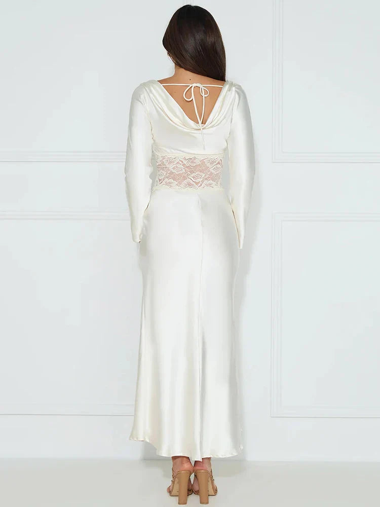 Long Sleeve Backless Sheer Lace Patchwork  Lace-up Lace Dress Mssaz Desses