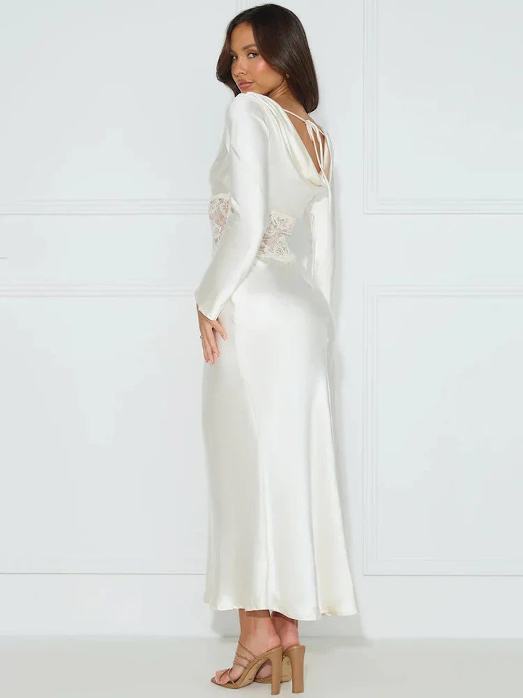 Long Sleeve Backless Sheer Lace Patchwork  Lace-up Lace Dress Mssaz Desses