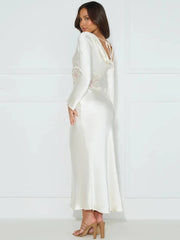 Long Sleeve Backless Sheer Lace Patchwork  Lace-up Lace Dress Mssaz Desses