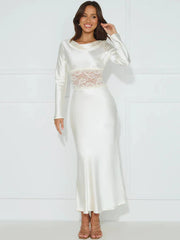 Long Sleeve Backless Sheer Lace Patchwork  Lace-up Lace Dress Mssaz Desses