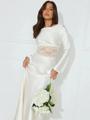 Long Sleeve Backless Sheer Lace Patchwork  Lace-up Lace Dress Mssaz Desses