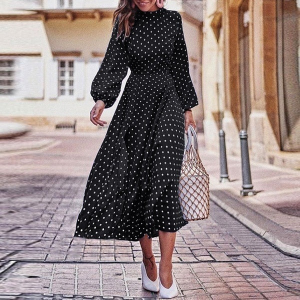 Boho Long Dress Blue Long Sleeve Elegant Dress Polka Dot Print Elegant Dress Mssaz Desses
