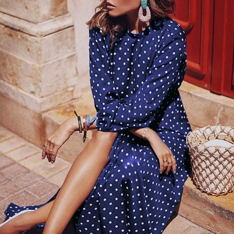 Boho Long Dress Blue Long Sleeve Elegant Dress Polka Dot Print Elegant Dress Mssaz Desses