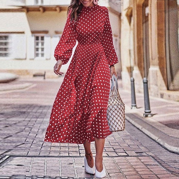 Boho Long Dress Blue Long Sleeve Elegant Dress Polka Dot Print Elegant Dress Mssaz Desses