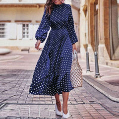 Boho Long Dress Blue Long Sleeve Elegant Dress Polka Dot Print Elegant Dress Mssaz Desses