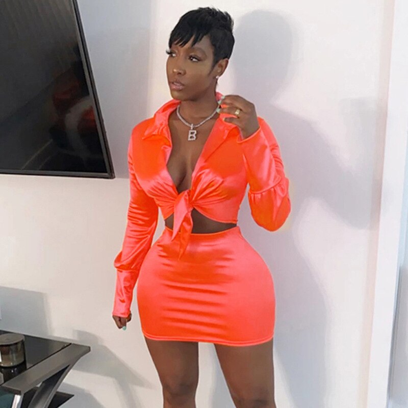 Neon Satin Long Sleeve Blouse Matching Set Mssza