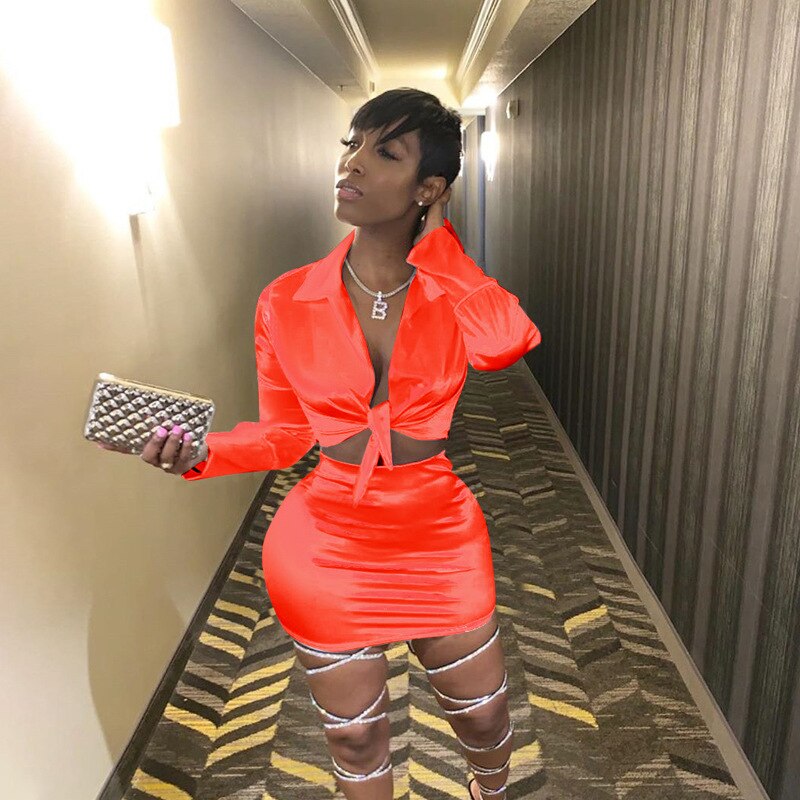 Neon Satin Long Sleeve Blouse Matching Set Mssza