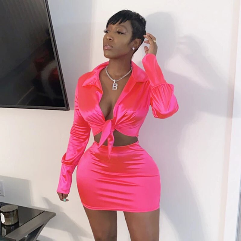 Neon Satin Long Sleeve Blouse Matching Set Mssza