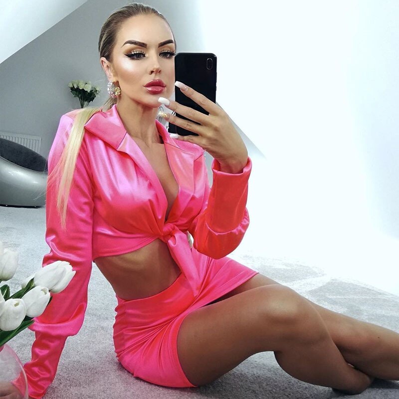 Neon Satin Long Sleeve Blouse Matching Set Mssza
