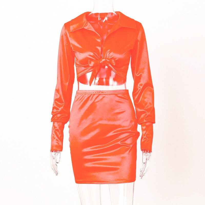 Neon Satin Long Sleeve Blouse Matching Set Mssza