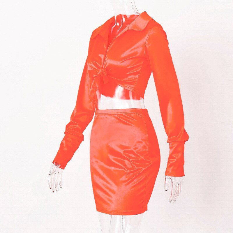 Neon Satin Long Sleeve Blouse Matching Set Mssza
