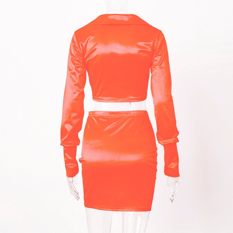 Neon Satin Long Sleeve Blouse Matching Set Mssza