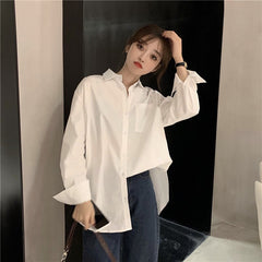 Blouses Oversized Daily Simple Leisure College Solid Pockets Long Shirt Mssza