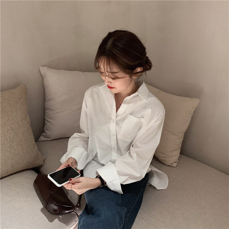 Blouses Oversized Daily Simple Leisure College Solid Pockets Long Shirt Mssza