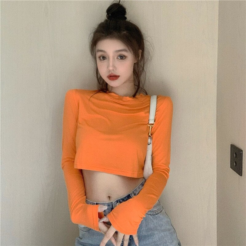 New Casual Short Solid Color Long Sleeve Base T-Shirt Mssza