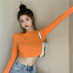 New Casual Short Solid Color Long Sleeve Base T-Shirt Mssza