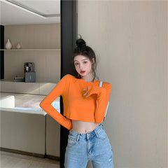 New Casual Short Solid Color Long Sleeve Base T-Shirt Mssza