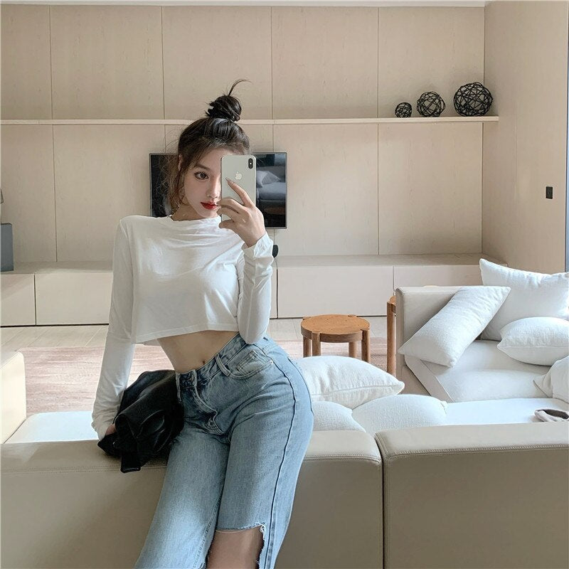 New Casual Short Solid Color Long Sleeve Base T-Shirt Mssza