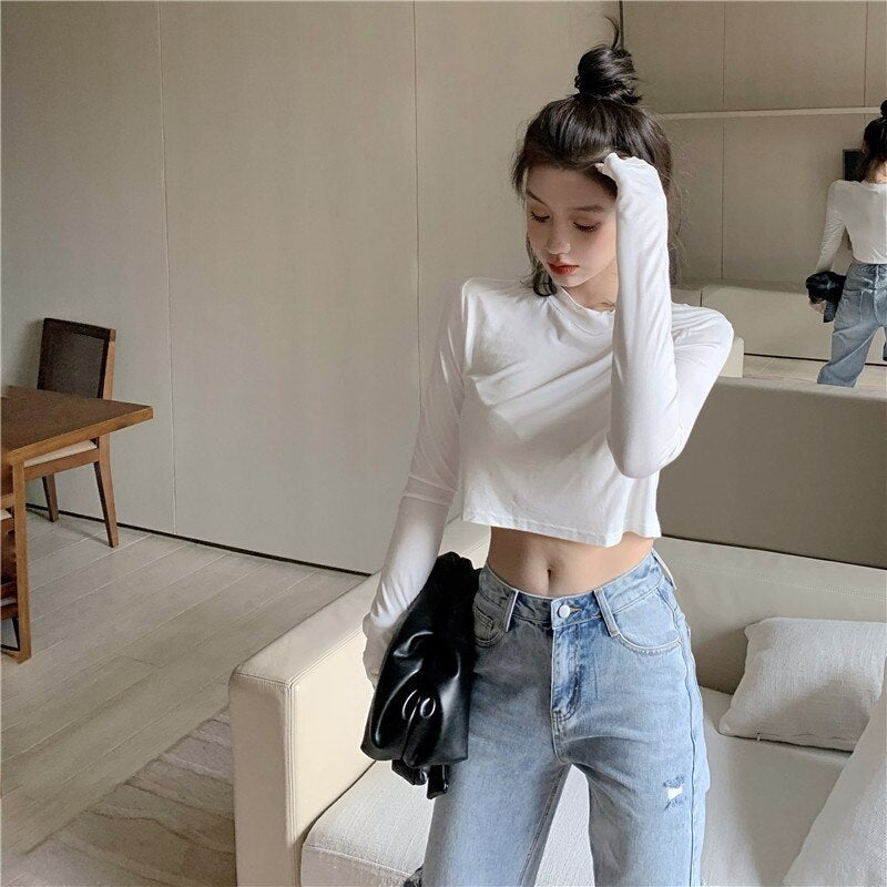 New Casual Short Solid Color Long Sleeve Base T-Shirt Mssza