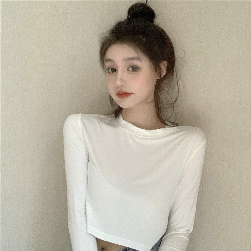 New Casual Short Solid Color Long Sleeve Base T-Shirt Mssza