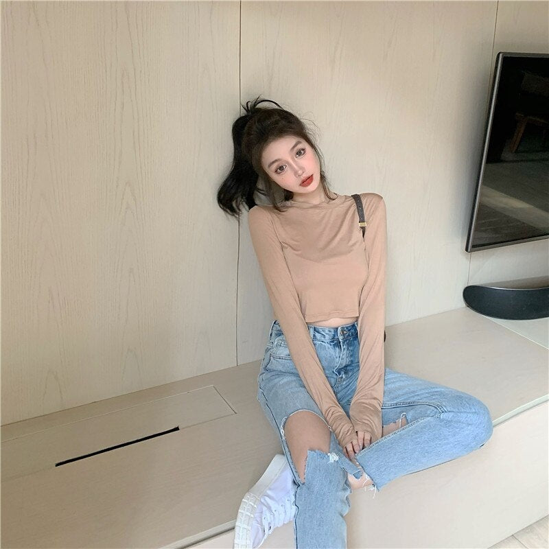 New Casual Short Solid Color Long Sleeve Base T-Shirt Mssza
