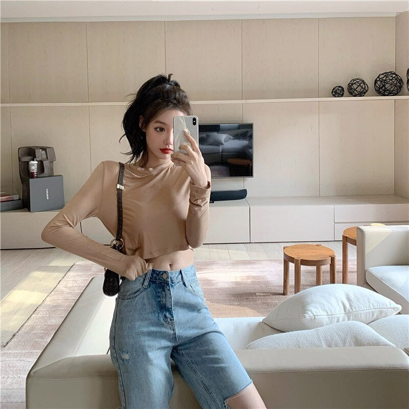 New Casual Short Solid Color Long Sleeve Base T-Shirt Mssza